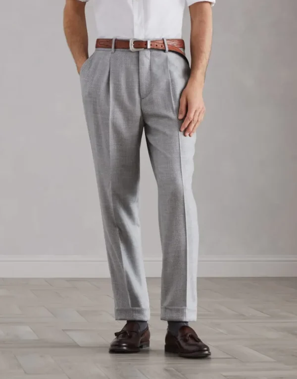 Comfort wool, silk and linen chevron leisure fit trousers with pleat