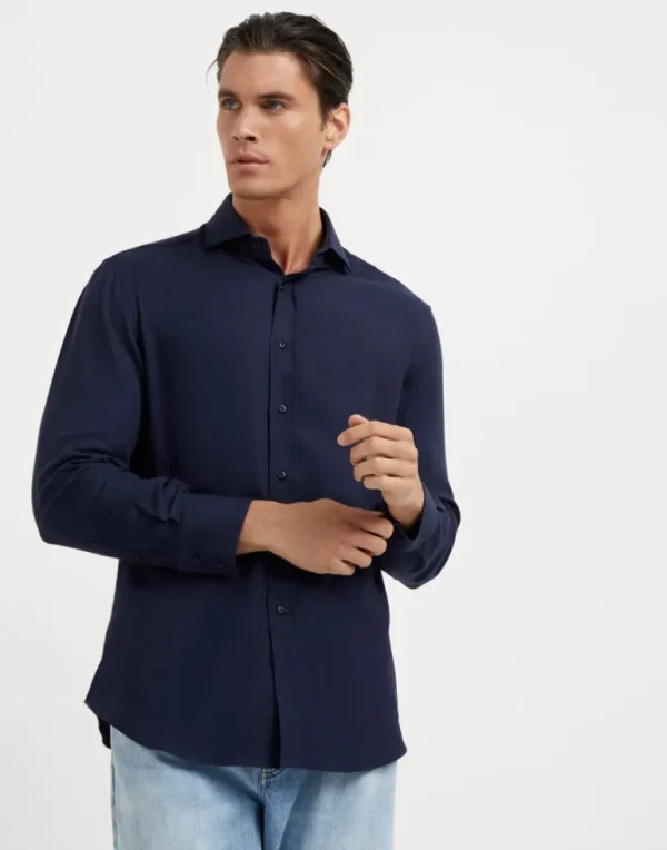 Cotton and cashmere twill basic fit shirt with spread collar