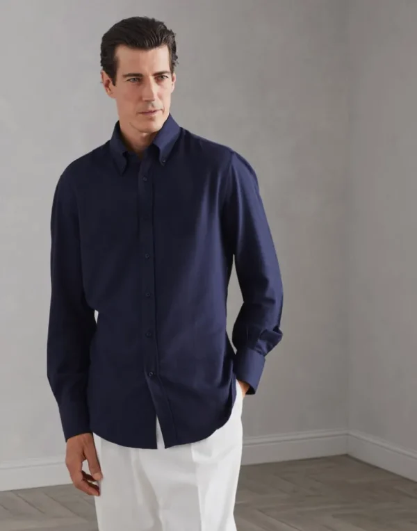 Cotton and cashmere twill basic fit shirt with button-down collar