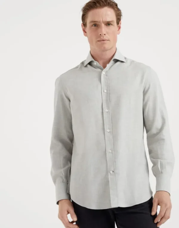 Cotton and cashmere twill basic fit shirt with spread collar