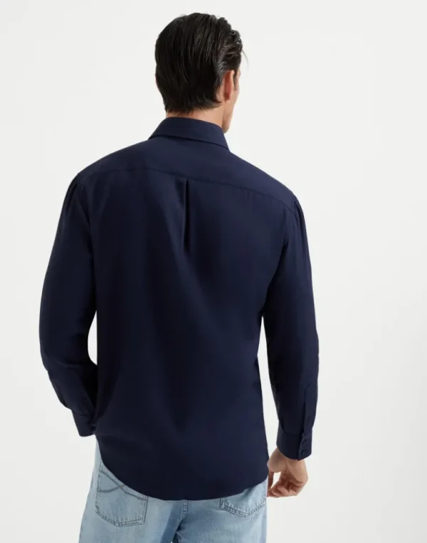 Cotton and cashmere twill basic fit shirt with spread collar