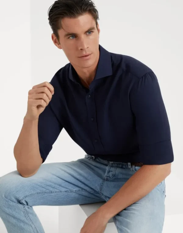 Cotton and cashmere twill basic fit shirt with spread collar