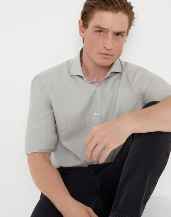 Cotton and cashmere twill basic fit shirt with spread collar