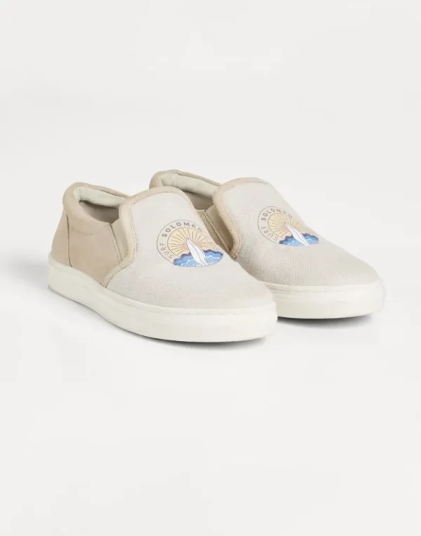 Cotton and linen canvas and suede slip-on sneakers with surf print