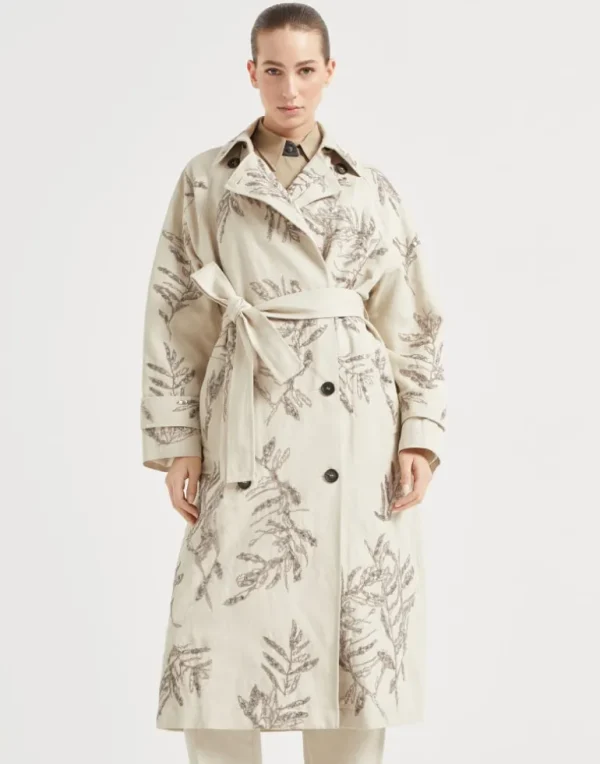 Cotton and linen canvas trench with glistening herbarium embroidery