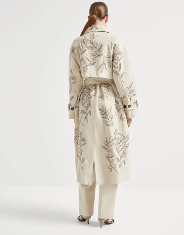 Cotton and linen canvas trench with glistening herbarium embroidery