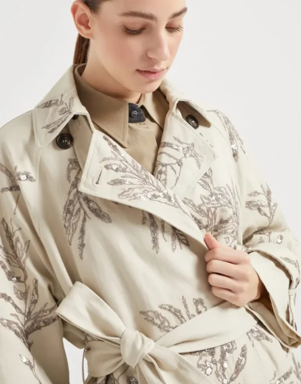 Cotton and linen canvas trench with glistening herbarium embroidery