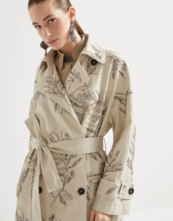 Cotton and linen canvas trench with glistening herbarium embroidery