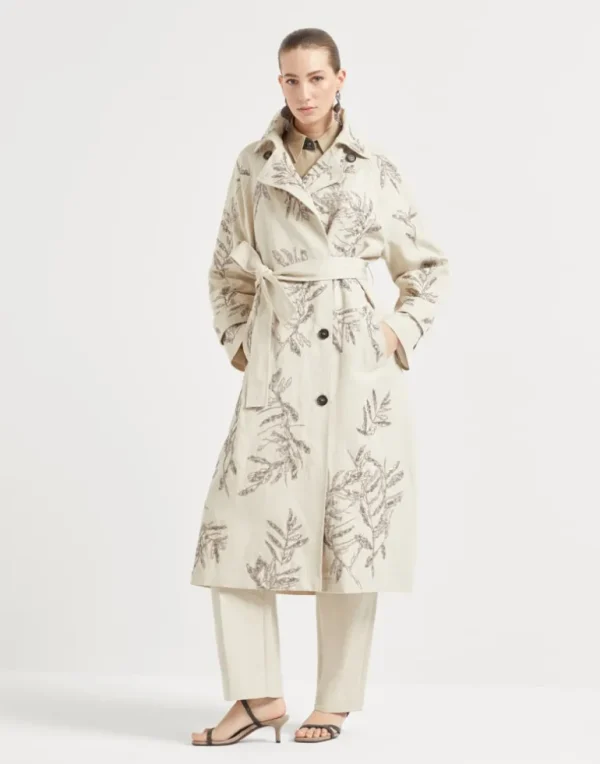 Cotton and linen canvas trench with glistening herbarium embroidery