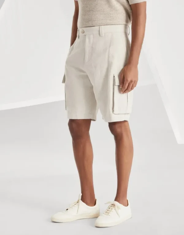 Cotton and linen chevron cavalry Bermuda shorts with cargo pockets