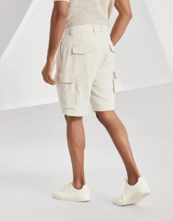 Cotton and linen chevron cavalry Bermuda shorts with cargo pockets