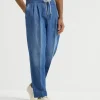 Cotton and linen denim leisure fit trousers with drawstring and double pleats