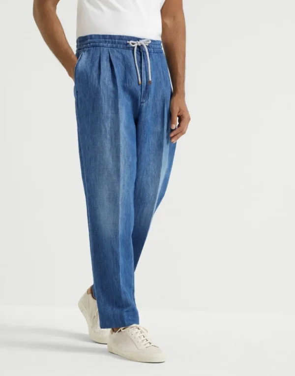 Cotton and linen denim leisure fit trousers with drawstring and double pleats