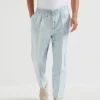 Cotton and linen denim leisure fit trousers with drawstring and double pleats