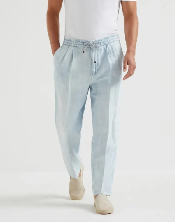 Cotton and linen denim leisure fit trousers with drawstring and double pleats