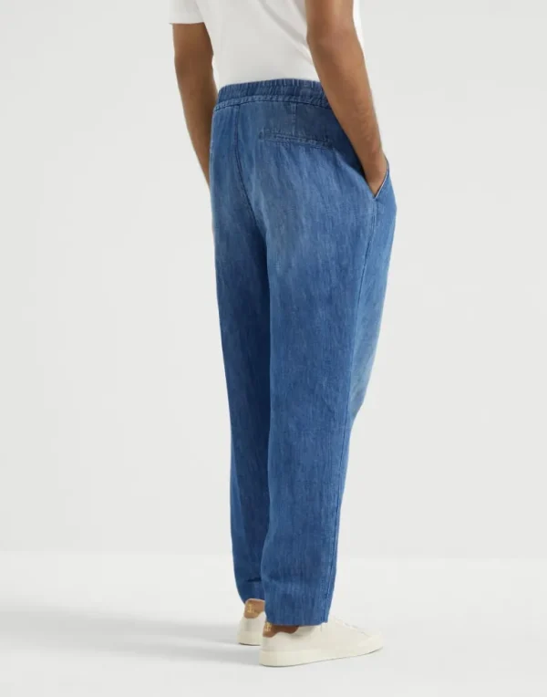 Cotton and linen denim leisure fit trousers with drawstring and double pleats