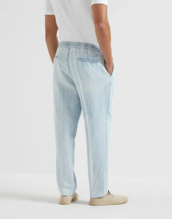 Cotton and linen denim leisure fit trousers with drawstring and double pleats