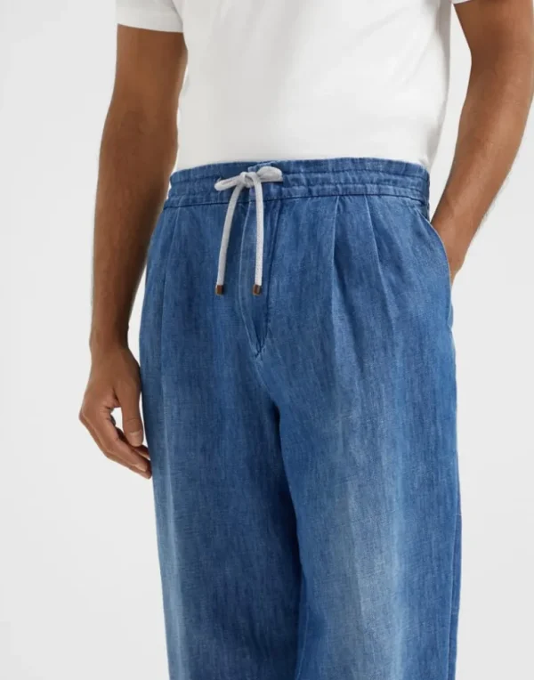 Cotton and linen denim leisure fit trousers with drawstring and double pleats