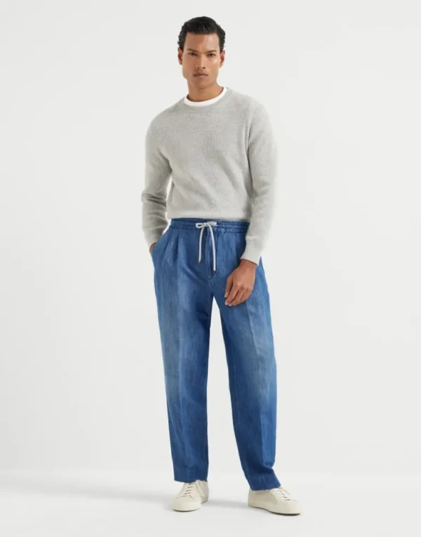 Cotton and linen denim leisure fit trousers with drawstring and double pleats