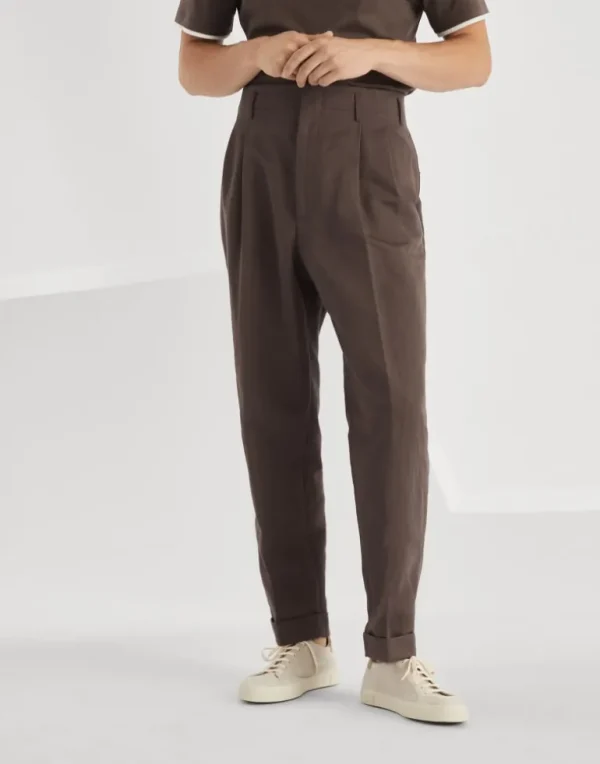 Cotton and linen gabardine tailor fit trousers with double pleats