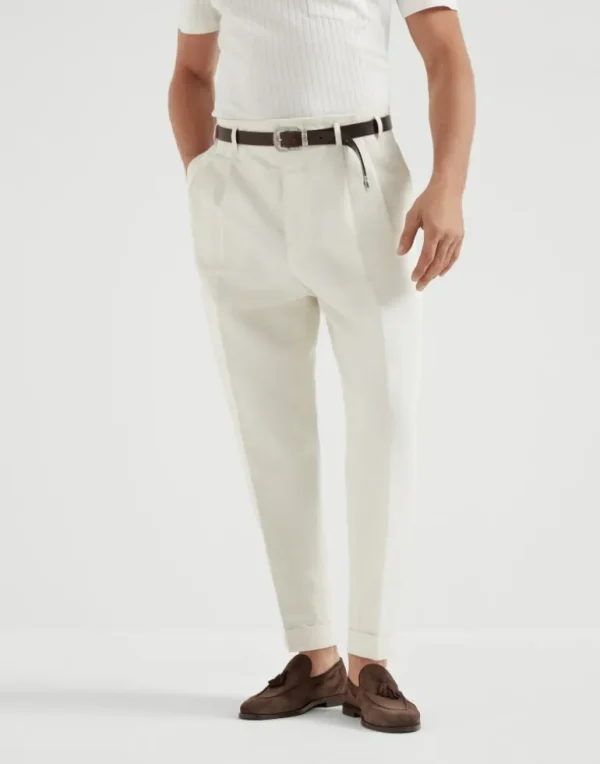 Cotton and linen gabardine tailor fit trousers with double pleats