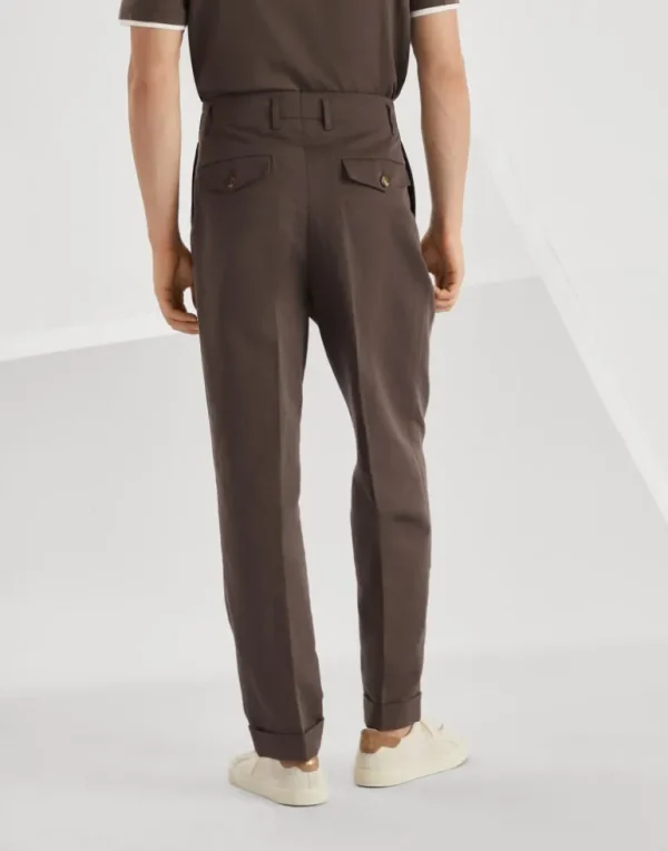 Cotton and linen gabardine tailor fit trousers with double pleats