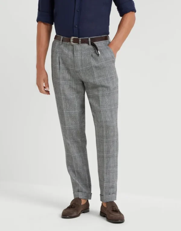 Cotton and linen Prince of Wales leisure fit trousers with pleat