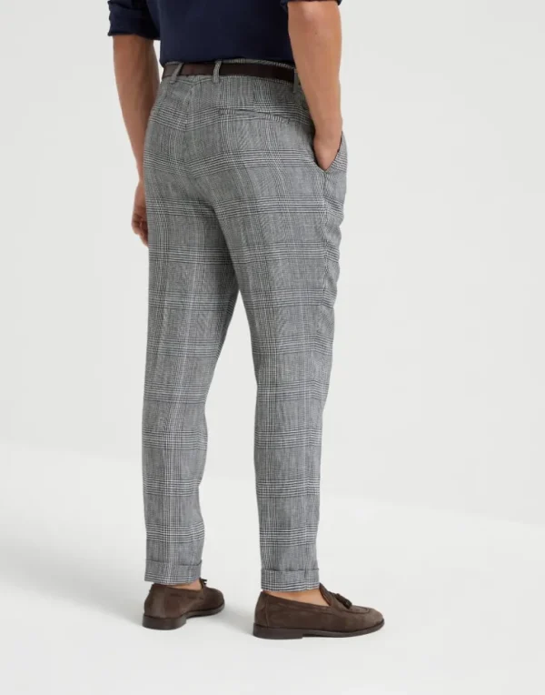 Cotton and linen Prince of Wales leisure fit trousers with pleat