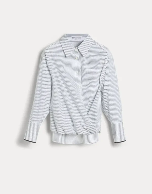 Cotton and silk chalk stripe poplin shirt with monili