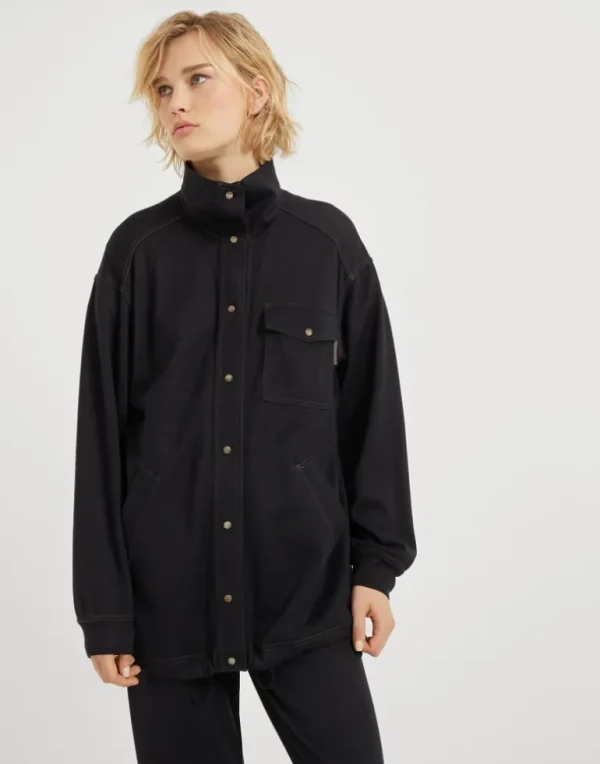 Cotton and silk interlock overshirt with shiny tab