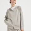 Cotton and silk interlock hooded sweatshirt with precious stripe