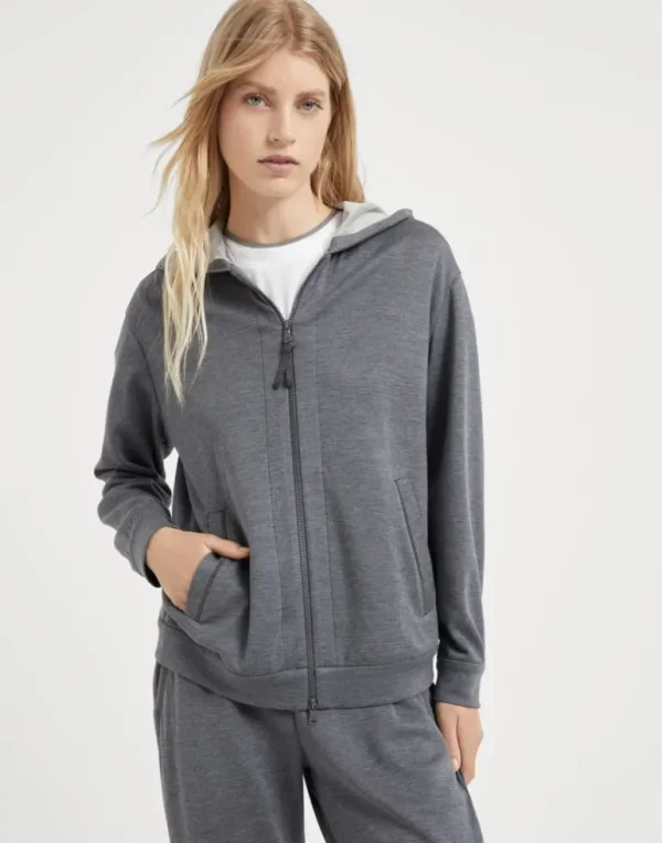 Cotton and silk interlock hooded sweatshirt with precious zipper pull