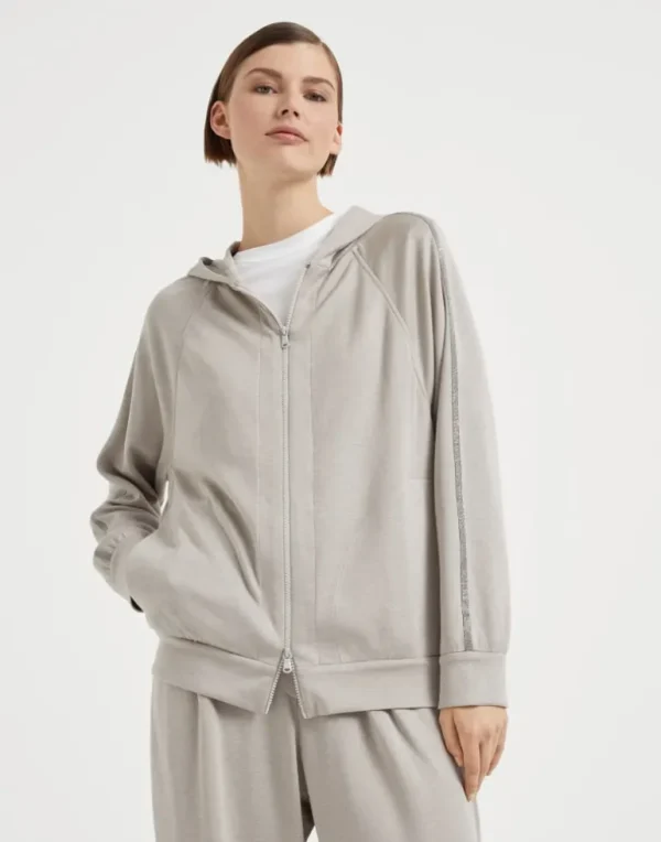 Cotton and silk interlock hooded sweatshirt with precious stripe