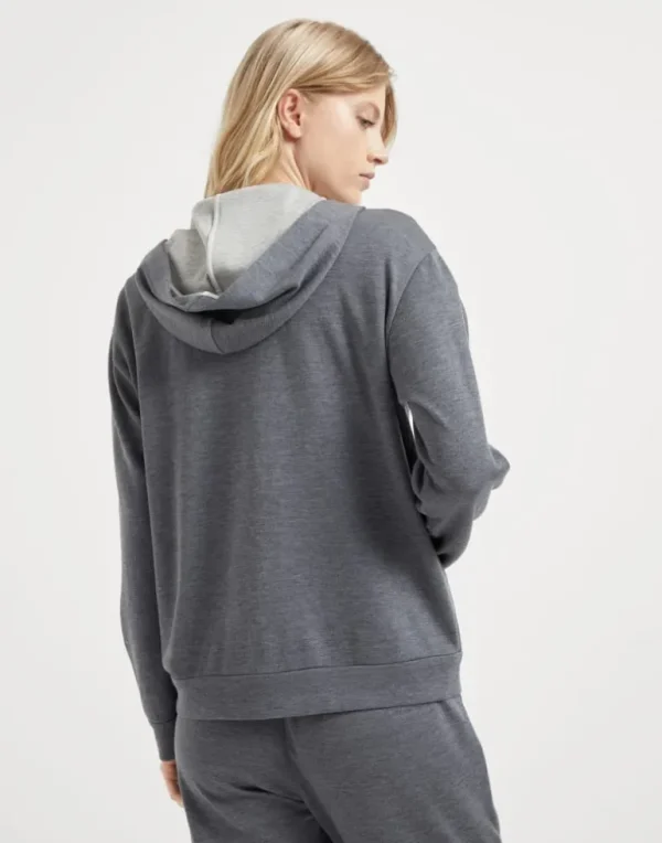 Cotton and silk interlock hooded sweatshirt with precious zipper pull