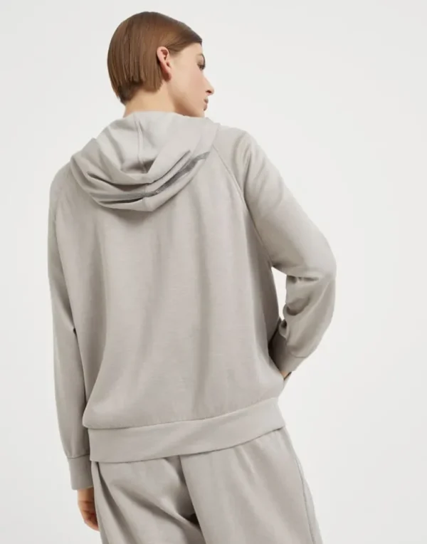 Cotton and silk interlock hooded sweatshirt with precious stripe