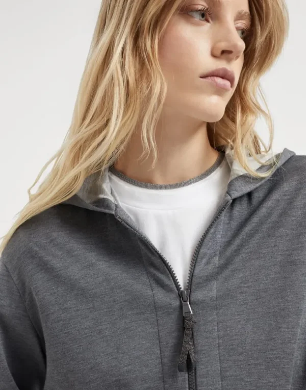 Cotton and silk interlock hooded sweatshirt with precious zipper pull