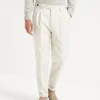 Cotton and virgin wool gabardine leisure fit trousers with double pleats and tabbed waistband