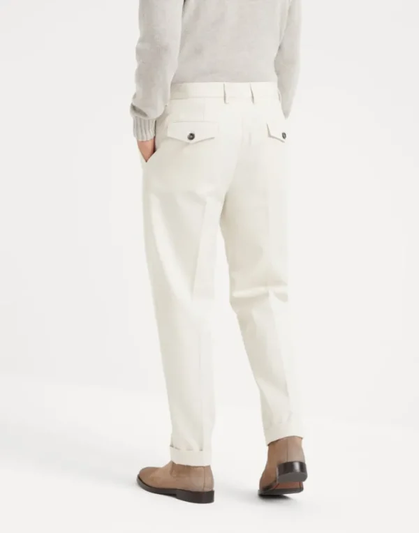 Cotton and virgin wool gabardine leisure fit trousers with double pleats and tabbed waistband