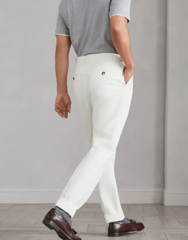 Cotton and virgin wool gabardine tailor fit trousers with reversed double pleats and waist tabs