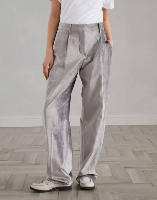 Cotton and viscose sleek velvet loose straight trousers with monili