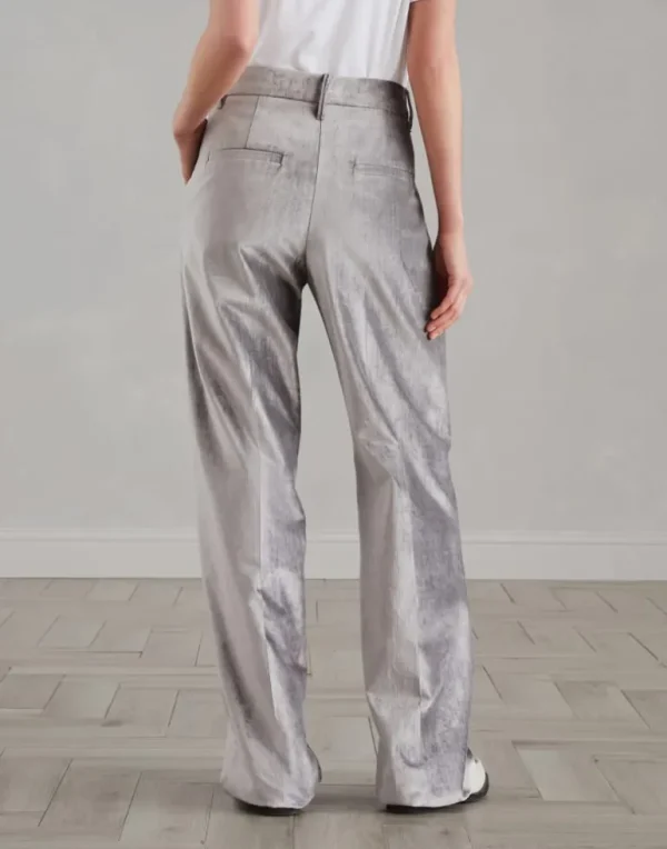 Cotton and viscose sleek velvet loose straight trousers with monili