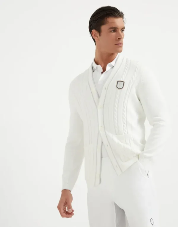 Cotton cable knit cardigan with tennis badge