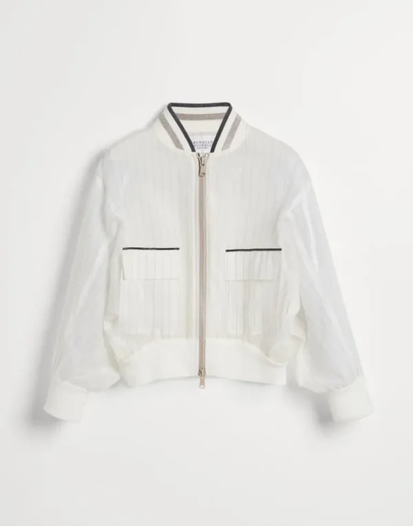 Cotton chalk stripe organza bomber jacket with monili