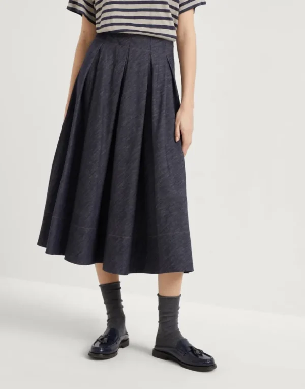 Cotton denim-effect twill pleated circle skirt