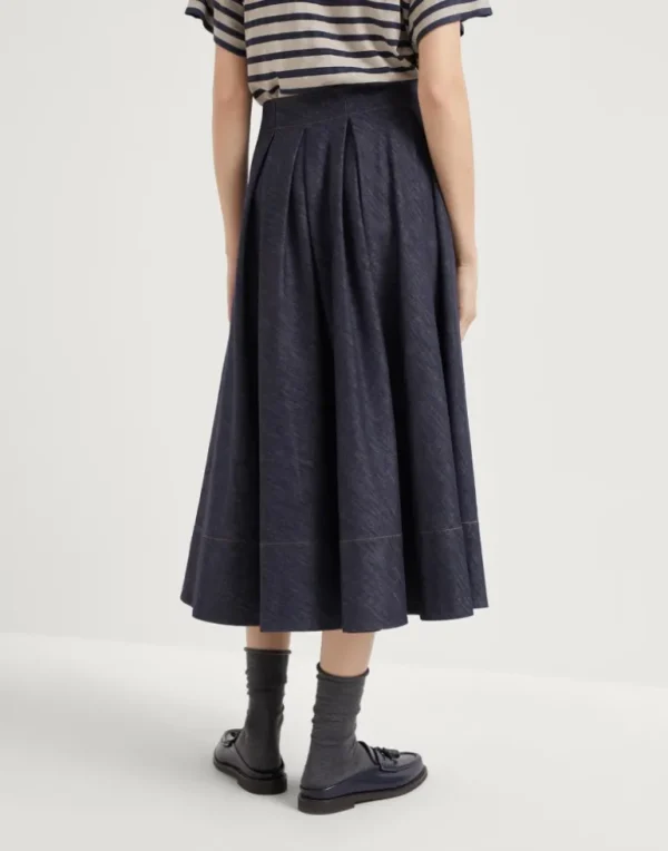 Cotton denim-effect twill pleated circle skirt