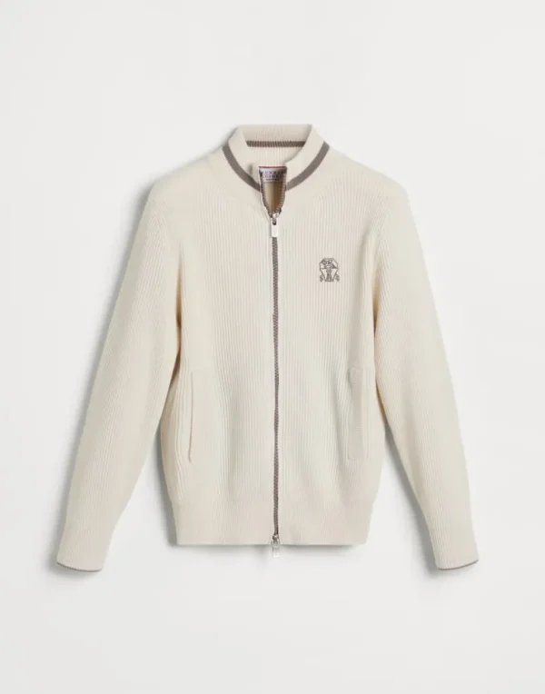 Cotton English rib cardigan with logo and zipper