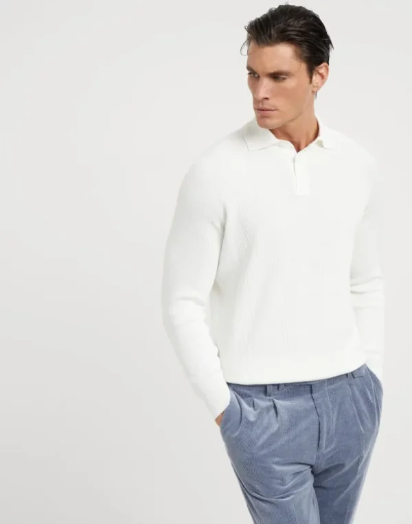 Cotton English rib knit polo with long raglan sleeves