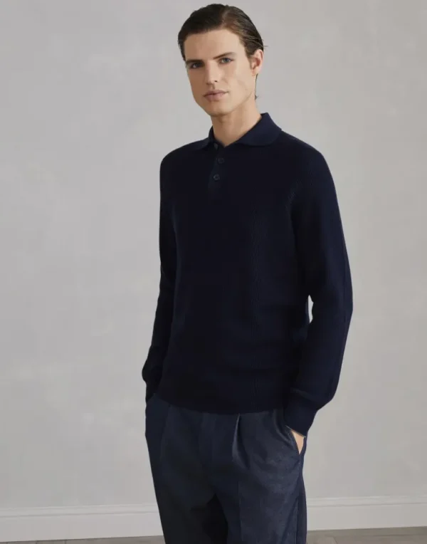 Cotton English rib knit polo with long raglan sleeves