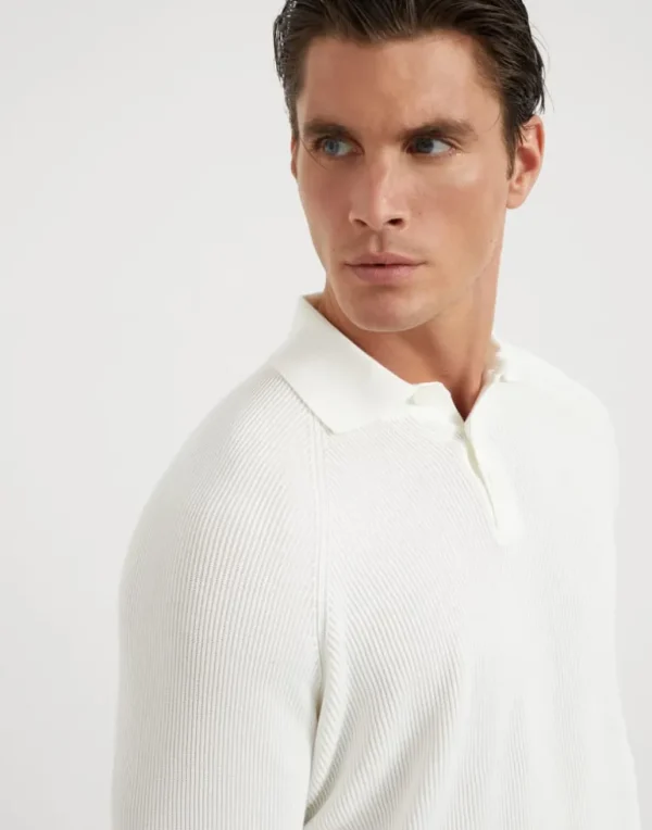 Cotton English rib knit polo with long raglan sleeves