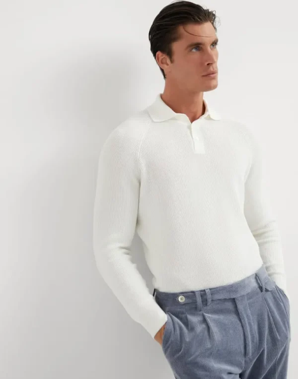 Cotton English rib knit polo with long raglan sleeves